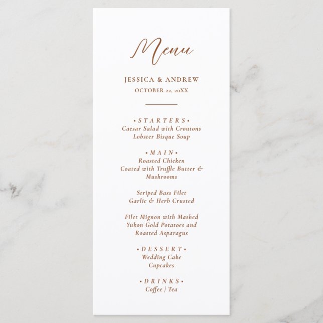 Minimalistische Terra Cotta & White Simple Wedding Menükarte (Vorderseite)
