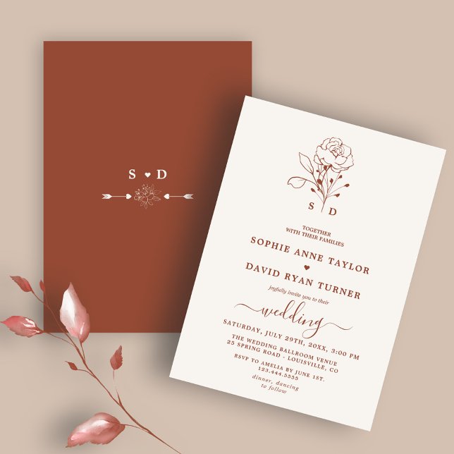 Minimalistische Terracotta Monogram Wedding Einladung (trendy terracotta burnt orange wedding, elegant modern terracotta wedding calligraphy invitation, )