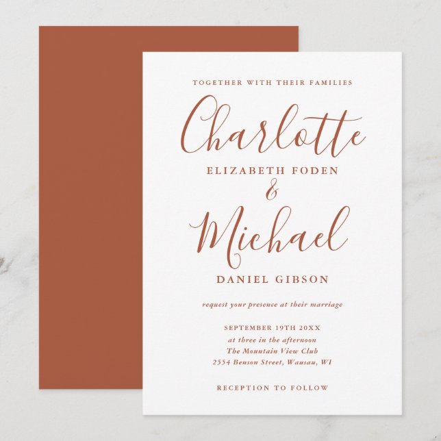 Minimalistische Terracotta-Script-Hochzeit Einladung (Vorne/Hinten)