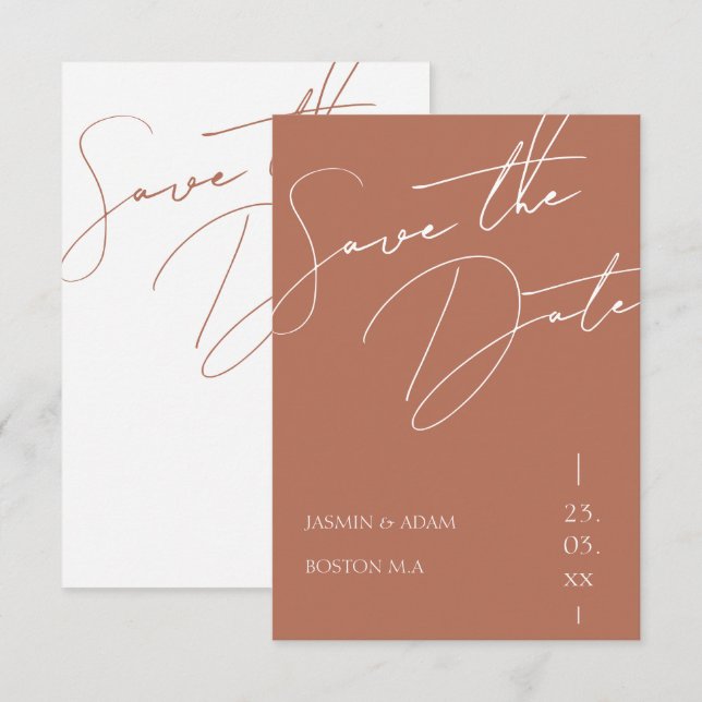 Minimalistische Terracotta Script Typografy Weddin Save The Date (Vorne/Hinten)
