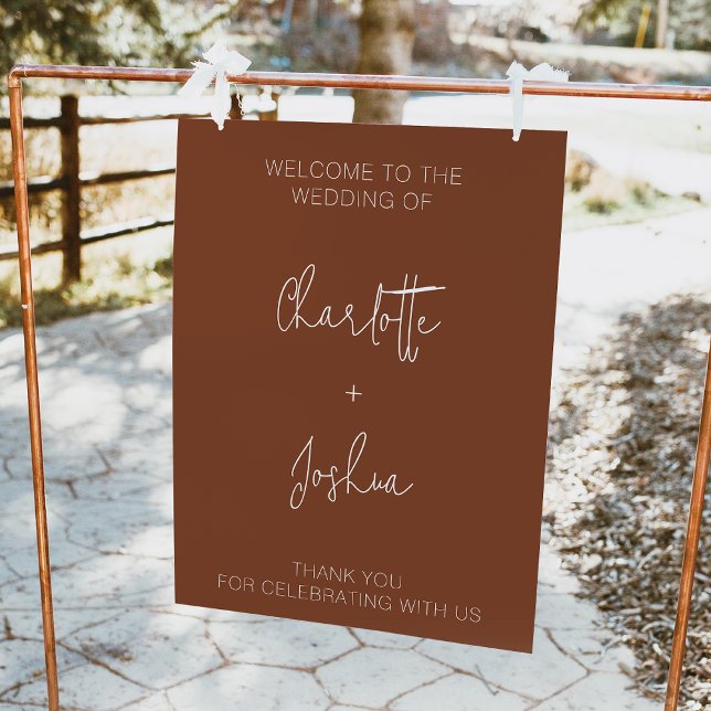 Minimalistische Terracotta Wedding Willkommenszeic Fotodruck (Modern minimalist terracotta wedding welcome sign featuring a modern calligraphy font.)