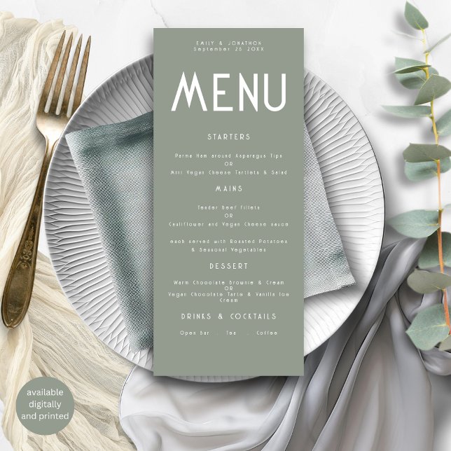 Minimalistische Text Sage Green Wedding Menu Karte (Von Creator hochgeladen)