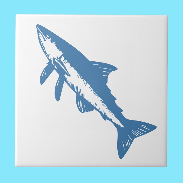 Minimalistische Thunfisch-Linie Art Blue Kontur Kü Fliese (Minimalist Tuna Fish Line Art Blue Outline Coastal Ceramic Tile
)