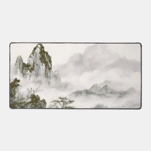Minimalistische Tinte Neblige Zen-Berglandschaft Schreibtischunterlage