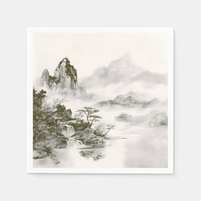 Minimalistische Tinte Neblige Zen-Berglandschaft Serviette (Vorderseite)