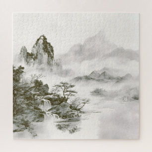 Minimalistische Tinten-Nebel-Zen-Berglandschaft