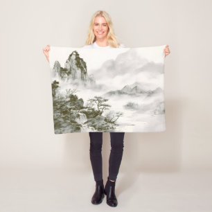 Minimalistische Tinten-Nebel-Zen-Berglandschaft Fleecedecke