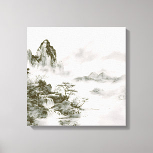 Minimalistische Tinten-Nebel-Zen-Berglandschaft Leinwanddruck