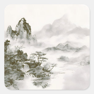 Minimalistische Tinten-Nebel-Zen-Berglandschaft Quadratischer Aufkleber
