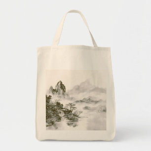 Minimalistische Tinten-Nebel-Zen-Berglandschaft Tragetasche