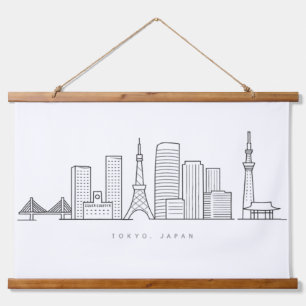 Minimalistische Tokyo-Skyline-Illustration Wandteppich Mit Holzrahmen