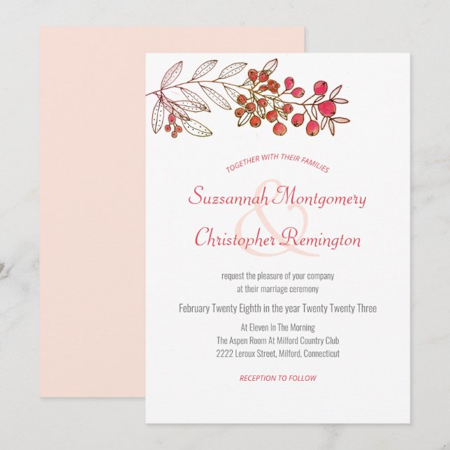 Minimalistische Top Border Berry Leaf Wedding Einladung (Vorne/Hinten)