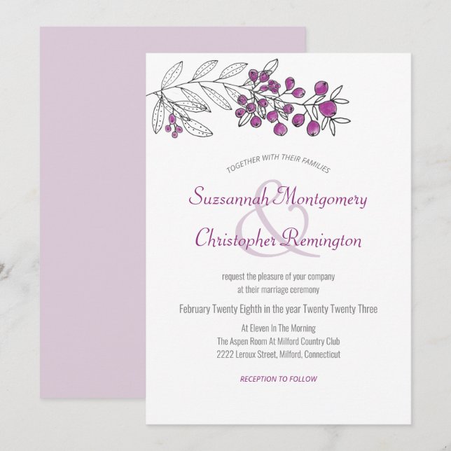 Minimalistische Top Border Berry Leaf Wedding Einladung (Vorne/Hinten)