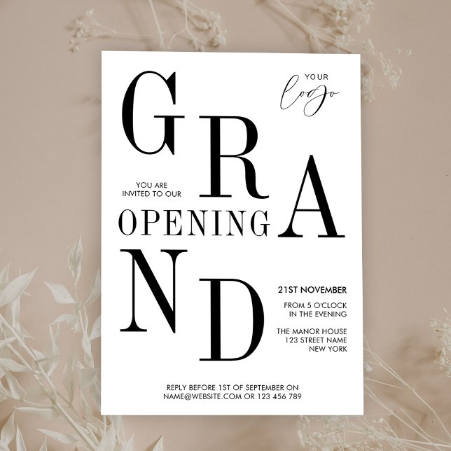 Minimalistische Typografie Business Grand Opening  Einladung (Bold typography corporate business opening invitation in black and white)