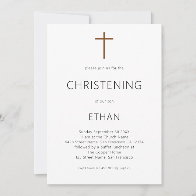 Minimalistische Typografie Cross Christening Einladung (Vorderseite)