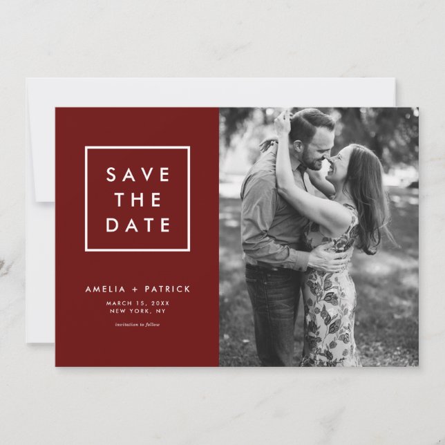 Minimalistische Typografie Dunkles Rotes Foto Save The Date (Vorderseite)