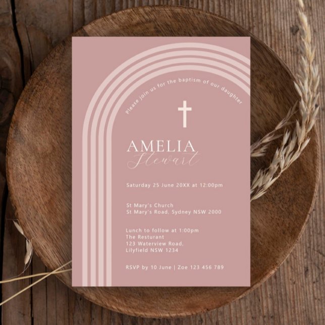 Minimalistische Typografie Halbbogenpinktaufe Einladung (Von Creator hochgeladen)