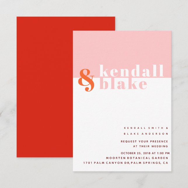 Minimalistische Typografie-Hochzeit in Rot, Orange Einladung (Vorne/Hinten)