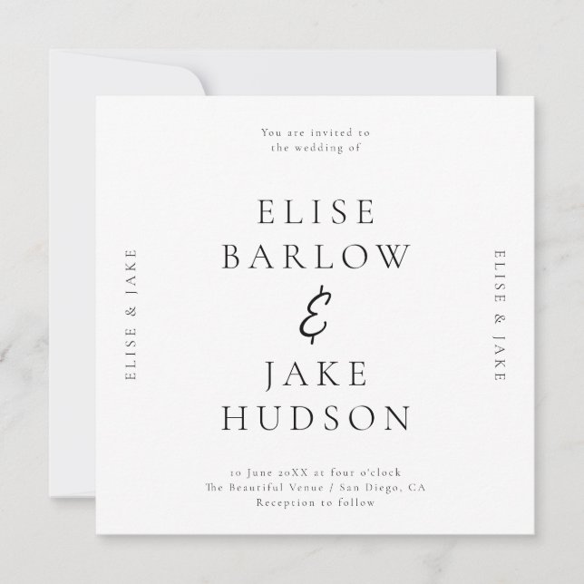 Minimalistische Typografie-Hochzeitsszenario-Foto Einladung (Vorderseite)