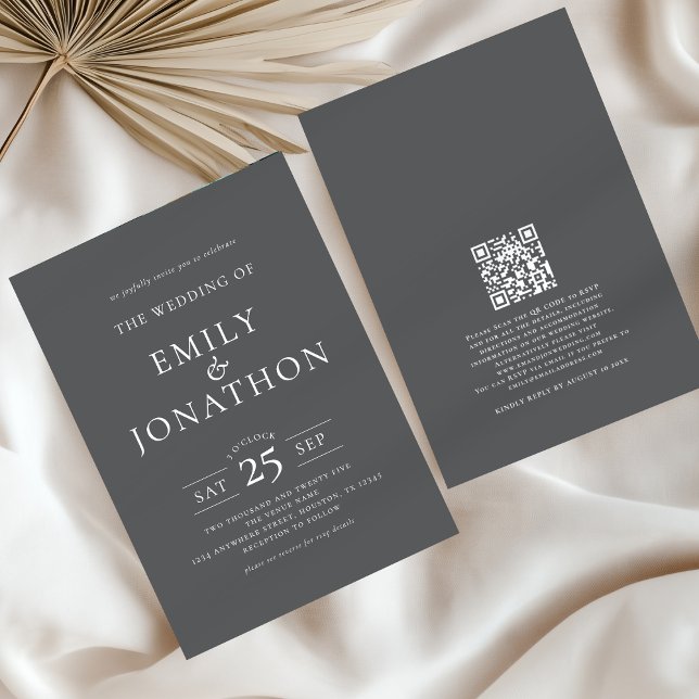 Minimalistische Typografie QR Code Wedding Gray Einladung (Front and back view)