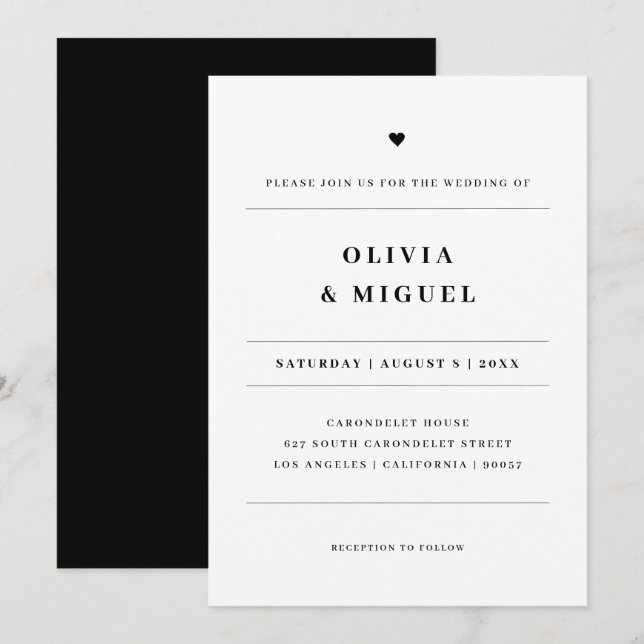 Minimalistische Typografie, Schwarz-weiße Herzhoch Einladung (Vorne/Hinten)