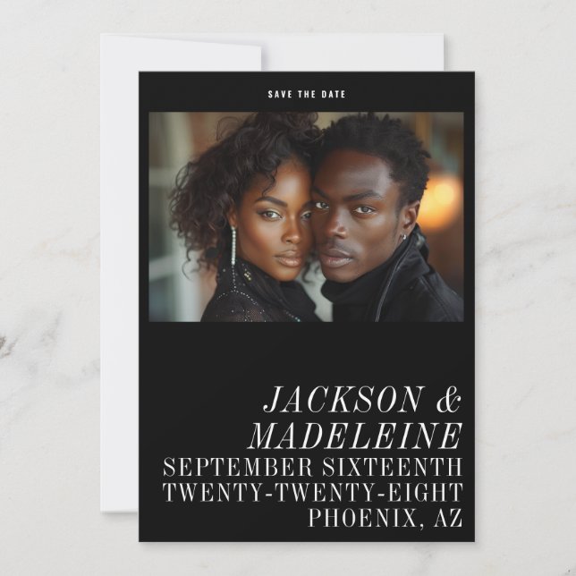Minimalistische Typografie Solid Black Foto Weddin Save The Date (Vorderseite)