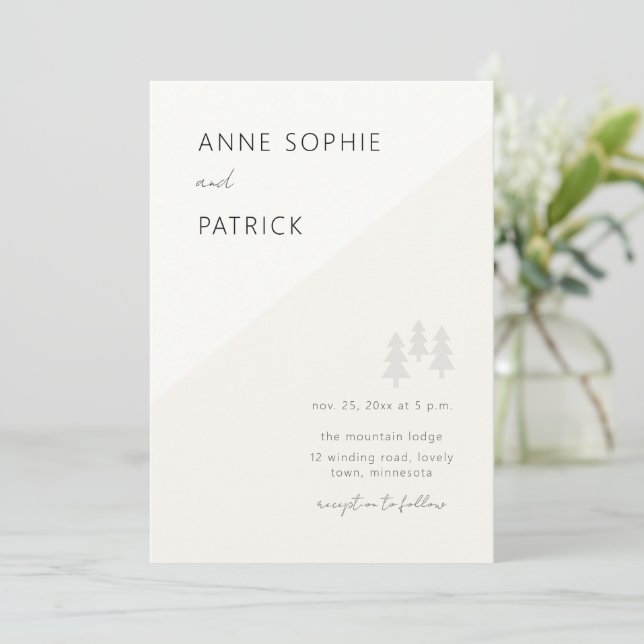 Minimalistische Typografie Winterwald Foto Hochzei Einladung (Stehend Vorderseite)