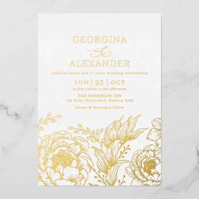Minimalistische Vintage Botanicals-Hochzeit Folieneinladung (Vorderseite)