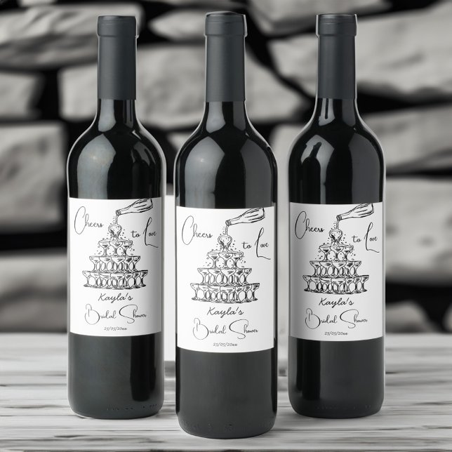 Minimalistische Vorlage für den handgezogenen Cham Weinetikett (Hand drawn sketch champagne tower black and white minimalist bridal shower template wine label )