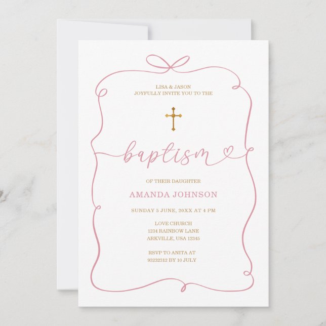Minimalistische Wasserfarbe Girl Christening Taufe Einladung (Vorderseite)