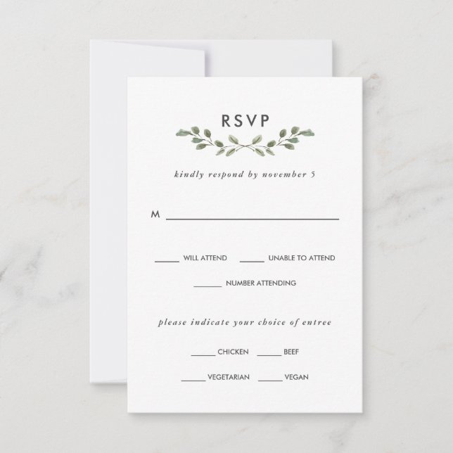Minimalistische Wedding Mahlzeit-Wahl des Laub-| RSVP Karte (Vorderseite)
