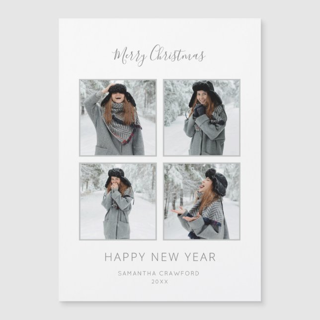 Minimalistische Weihnachten 4-Foto Grau Zickzack Magnetkarte (Vorderseite)