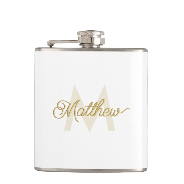 Minimalistische weiße Gold-Add-Name und Monogram-M Flachmann (Vorderseite)
