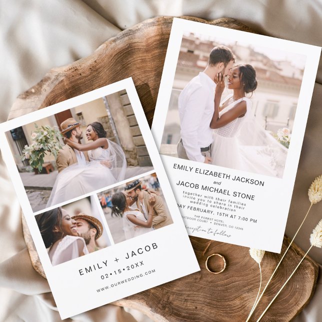 Minimalistische Weiße Hochzeit Elegantes Vier-Foto Einladung (Von Creator hochgeladen)