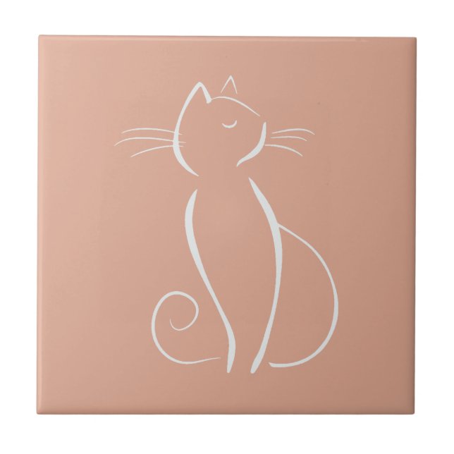 Minimalistische weiße Katze auf rosa Keramik Tile Fliese (Vorderseite)