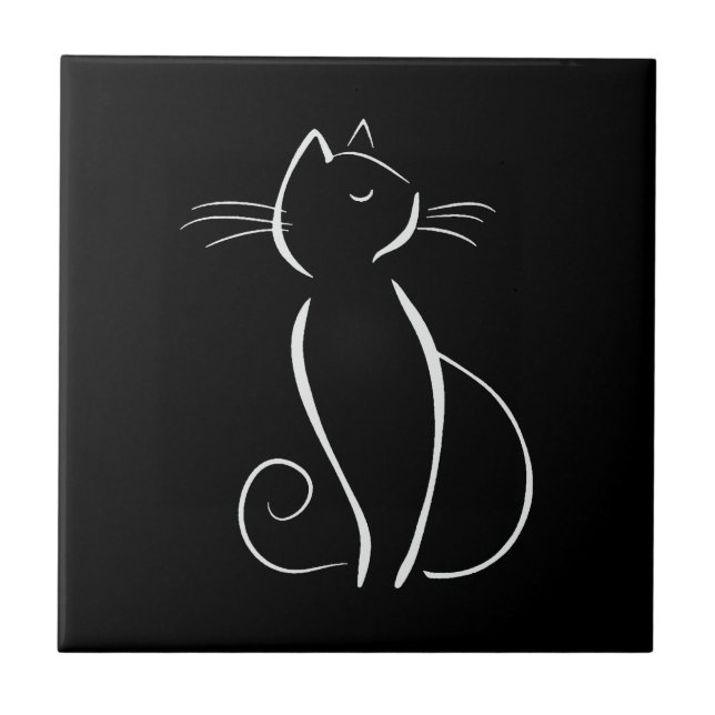 Minimalistische weiße Katze auf schwarz Fliese (Vorderseite)