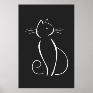 Minimalistische weiße Katze auf schwarz Poster