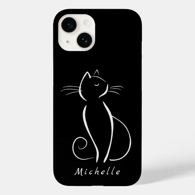 Minimalistische weiße Katze auf schwarzem Namen Case-Mate iPhone 14 Hülle (Rückseite)