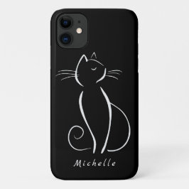 Minimalistische weiße Katze auf schwarzem Namen Case-Mate iPhone Hülle