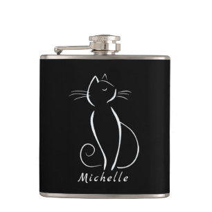 Minimalistische weiße Katze auf schwarzem Namen Flachmann