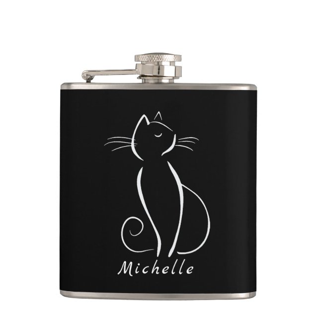 Minimalistische weiße Katze auf schwarzem Namen Flachmann (Vorderseite)