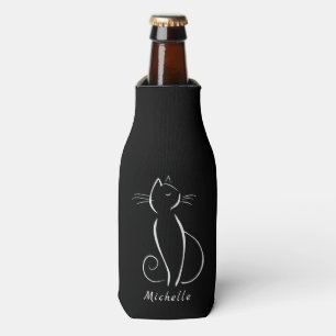 Minimalistische weiße Katze auf schwarzem Namen Flaschenkühler