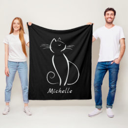 Minimalistische weiße Katze auf schwarzem Namen Fleecedecke