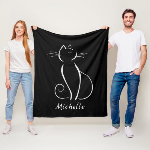 Minimalistische weiße Katze auf schwarzem Namen Fleecedecke