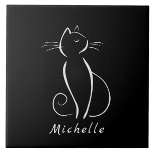Minimalistische weiße Katze auf schwarzem Namen Fliese