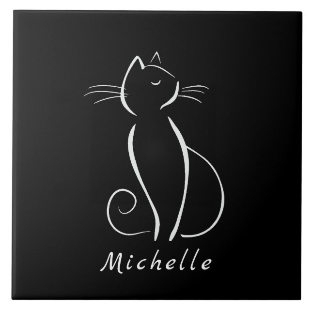 Minimalistische weiße Katze auf schwarzem Namen Fliese (Vorderseite)
