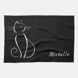 Minimalistische weiße Katze auf schwarzem Namen Geschirrtuch