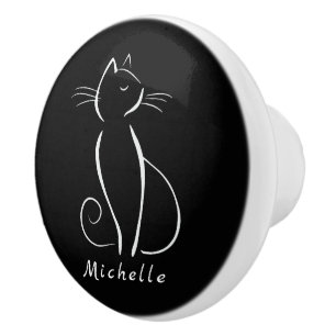 Minimalistische weiße Katze auf schwarzem Namen Keramikknauf