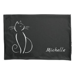 Minimalistische weiße Katze auf schwarzem Namen Kissenbezug