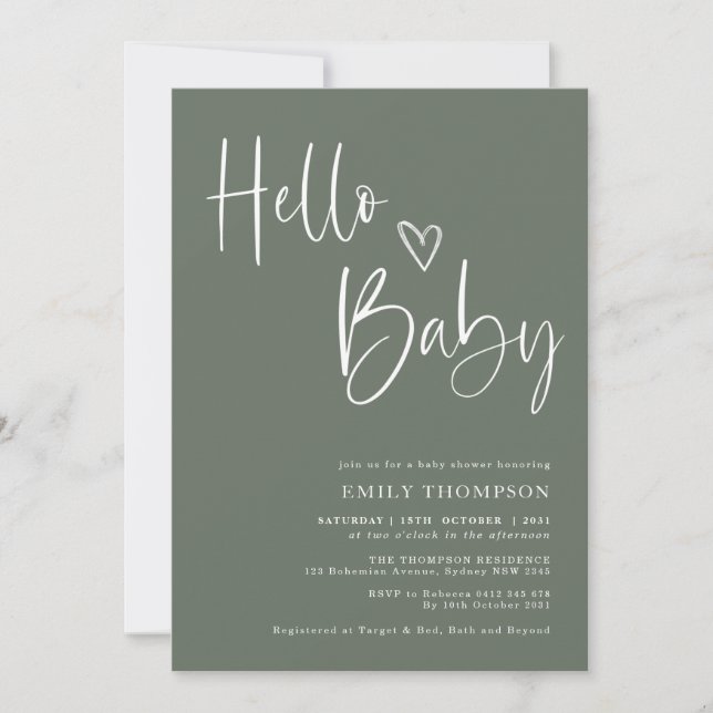 Minimalistische, weiße, neutrale Babydusche Einladung (Vorderseite)